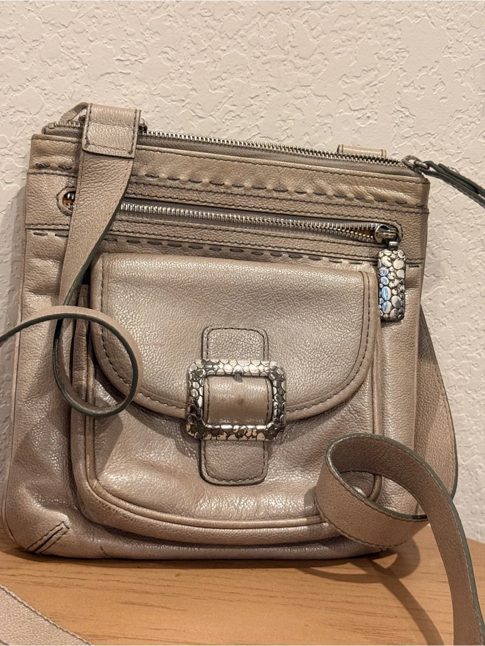 Brighton Metallic Taupe Crossbody with‎ Front Buckle Accent